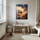Fighter Jet Explosion Glass Wall Art – Combat Aircraft Over Battlefield UV Print-KAFCD206