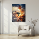 Fighter Jet Explosion Glass Wall Art – Combat Aircraft Over Battlefield UV Print-KAFCD206