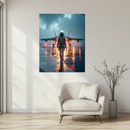 Female Fighter Pilot Glass Wall Art – Stormy Jet Runway UV Print Aviation Decor-KAFCD210