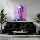 Neon Chrome Woman Portrait Glass Wall Art – Futuristic UV Print for Modern Spaces-KAFCD211