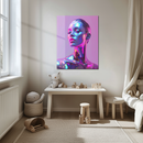 Neon Chrome Woman Portrait Glass Wall Art – Futuristic UV Print for Modern Spaces-KAFCD211