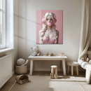 Blonde Girl with Pink Headphones Glass Wall Art – Bubblegum Pop UV Print for Modern Interiors-KAFCD214