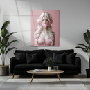 Blonde Girl with Pink Headphones Glass Wall Art – Bubblegum Pop UV Print for Modern Interiors-KAFCD214