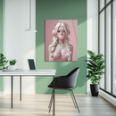 Blonde Girl with Pink Headphones Glass Wall Art – Bubblegum Pop UV Print for Modern Interiors-KAFCD214