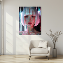 Neon Cyber Girl Glass Wall Art – Futuristic Portrait UV Printed on Glossy Tempered Glass-KAFCD215