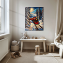 Moonlit Red Train Glass Wall Art – Snowy Forest Steam Engine Winter Night Decor UV Print-KAFCD217