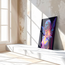 Neon Fairy Girl Glass Wall Art – Futuristic Wings & Hex Glow Design UV Print Panel-KAFCD220