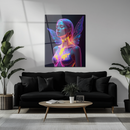 Neon Fairy Girl Glass Wall Art – Futuristic Wings & Hex Glow Design UV Print Panel-KAFCD220