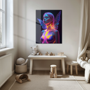 Neon Fairy Girl Glass Wall Art – Futuristic Wings & Hex Glow Design UV Print Panel-KAFCD220