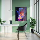 Neon Fairy Girl Glass Wall Art – Futuristic Wings & Hex Glow Design UV Print Panel-KAFCD220