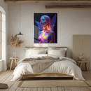 Neon Fairy Girl Glass Wall Art – Futuristic Wings & Hex Glow Design UV Print Panel-KAFCD220
