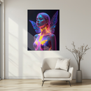Neon Fairy Girl Glass Wall Art – Futuristic Wings & Hex Glow Design UV Print Panel-KAFCD220