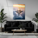 Fighter Jet Glass Wall Art – High-Speed Aircraft Over Ocean at Sunset UV Print Panel-KAFCD221