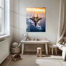 Fighter Jet Glass Wall Art – High-Speed Aircraft Over Ocean at Sunset UV Print Panel-KAFCD221