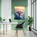 Fighter Jet Glass Wall Art – High-Speed Aircraft Over Ocean at Sunset UV Print Panel-KAFCD221