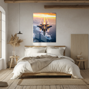 Fighter Jet Glass Wall Art – High-Speed Aircraft Over Ocean at Sunset UV Print Panel-KAFCD221