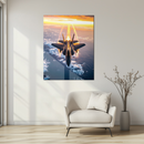 Fighter Jet Glass Wall Art – High-Speed Aircraft Over Ocean at Sunset UV Print Panel-KAFCD221