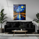 Starry Night Inspired River City Glass Wall Art – Gondola and Bridge Scenic UV Print-KAFCD223