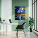 Starry Night Inspired River City Glass Wall Art – Gondola and Bridge Scenic UV Print-KAFCD223