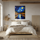 Starry Night Inspired River City Glass Wall Art – Gondola and Bridge Scenic UV Print-KAFCD223