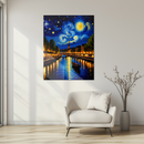 Starry Night Inspired River City Glass Wall Art – Gondola and Bridge Scenic UV Print-KAFCD223