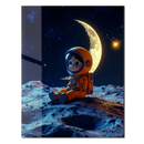 Cute Astronaut Sitting on Moon Surface Glass Wall Art – Whimsical Space-Themed UV Printed Panel-KAFCD227