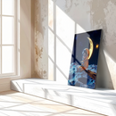 Cute Astronaut Sitting on Moon Surface Glass Wall Art – Whimsical Space-Themed UV Printed Panel-KAFCD227