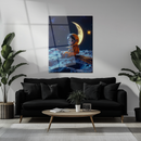 Cute Astronaut Sitting on Moon Surface Glass Wall Art – Whimsical Space-Themed UV Printed Panel-KAFCD227