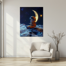 Cute Astronaut Sitting on Moon Surface Glass Wall Art – Whimsical Space-Themed UV Printed Panel-KAFCD227