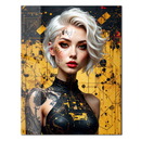 Cyberpunk Girl Portrait Glass Wall Art – Futuristic Blonde Woman with Circuit Tattoos in Yellow and Black-KAFCD231