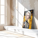 Cyberpunk Girl Portrait Glass Wall Art – Futuristic Blonde Woman with Circuit Tattoos in Yellow and Black-KAFCD231