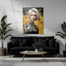 Cyberpunk Girl Portrait Glass Wall Art – Futuristic Blonde Woman with Circuit Tattoos in Yellow and Black-KAFCD231