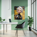 Cyberpunk Girl Portrait Glass Wall Art – Futuristic Blonde Woman with Circuit Tattoos in Yellow and Black-KAFCD231