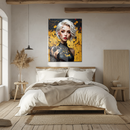 Cyberpunk Girl Portrait Glass Wall Art – Futuristic Blonde Woman with Circuit Tattoos in Yellow and Black-KAFCD231