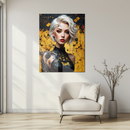 Cyberpunk Girl Portrait Glass Wall Art – Futuristic Blonde Woman with Circuit Tattoos in Yellow and Black-KAFCD231
