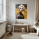 Cyberpunk Girl Portrait Glass Wall Art – Futuristic Blonde Woman with Circuit Tattoos in Yellow and Black-KAFCD231