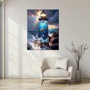 Blue Mermaid Lighthouse UV Glass Wall Art – Ocean Fantasy Home Decor-KAFCD234