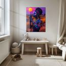 Tribal Sunset UV Glass Wall Art – Neon Ethnic Portrait with Vibrant Glow-KAFCD235