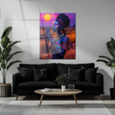 Tribal Sunset UV Glass Wall Art – Neon Ethnic Portrait with Vibrant Glow-KAFCD235