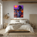 Tribal Sunset UV Glass Wall Art – Neon Ethnic Portrait with Vibrant Glow-KAFCD235