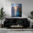 Sunset Voyage UV Glass Wall Art – Majestic Sailing Ship in Tropical Waters-KAFCD236