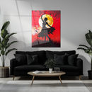 Moonlit Tribal Dancer UV Glass Wall Art – Silhouette Against Fiery Red Moonlight-KAFCD237