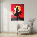 Moonlit Tribal Dancer UV Glass Wall Art – Silhouette Against Fiery Red Moonlight-KAFCD237