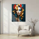 Golden Autumn Queen UV Glass Wall Art – Vibrant Abstract Female Portrait with Leaves-KAFCD247