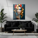 Golden Autumn Queen UV Glass Wall Art – Vibrant Abstract Female Portrait with Leaves-KAFCD247