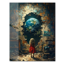 Portal to Earth UV Glass Wall Art – Surreal Girl and Planet Fantasy Artwork-KAFCD249
