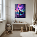 Galactic Moose in Neon Forest – Fantasy UV Glass Wall Art for Nature Lovers-KAFCD250