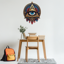 Mystic Eye Metal Wall Decor – Bohemian Triangle Art with Feathers-KAFUVM024