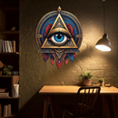 Mystic Eye Metal Wall Decor – Bohemian Triangle Art with Feathers-KAFUVM024