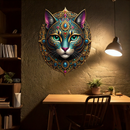Mystic Mandala Cat Metal Wall Art – Boho Feline Decor-KAFUVM037